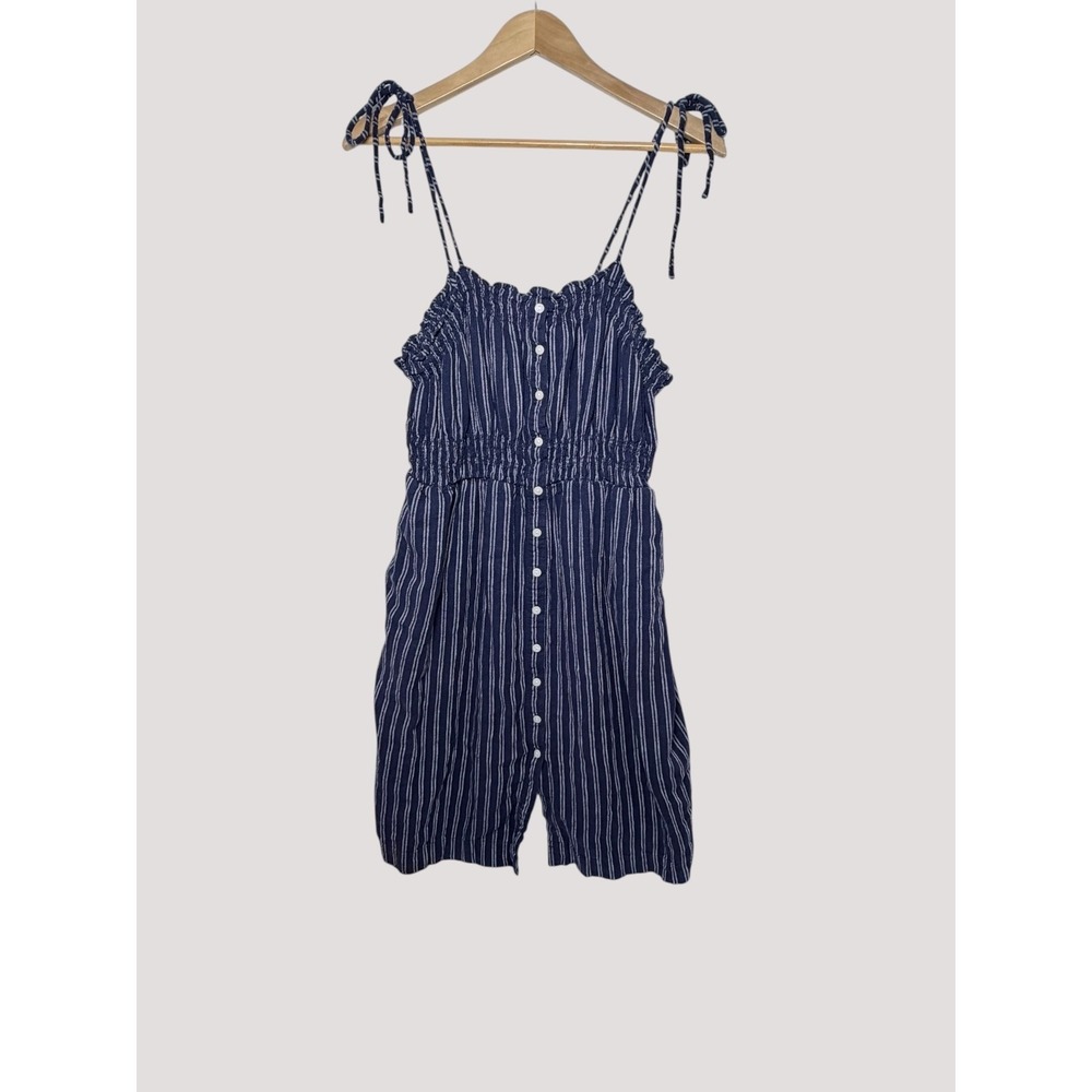 Universal Thread Romper Womens XXL Blue Striped Linen Blend Tie Strap Smocked